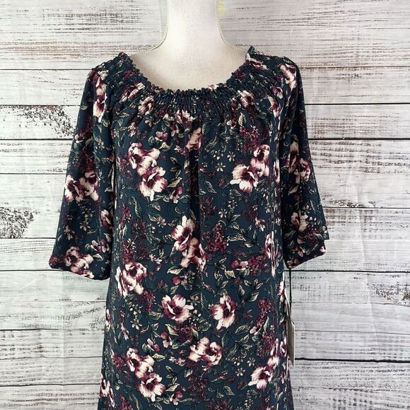 Spirit of Grace Dress size Small Black Berry Floral Teal Stretch Smocked Knee - Picture 2 of 11
